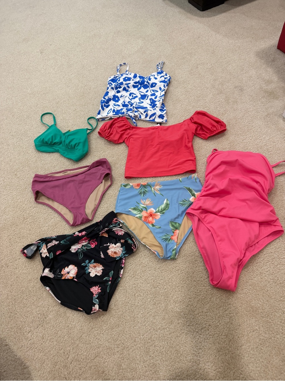 Mixed Women's Swimwear Bundle - Floral, Pink, Green Tops & High-Waist Bottoms
